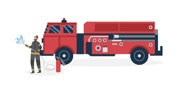 Fireman near fire truck for firefighting flat vector illustration isolated.