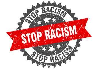 stop racism stamp. grunge round sign with ribbon