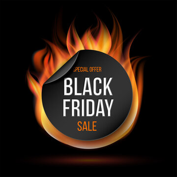 Black Friday sale fire label vector illustration. Fiery special tag or badge for business promotion.