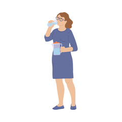 Young woman drinks clean water from a glass a flat vector isolated illustration.
