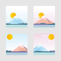 Japanese beautiful landscape illustration with mount Fuji and sunrise