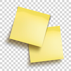 Yellow sheets of note papers. Two sticky notes. Template for design. Yellow note with place for you text over transparent background. Office supplies. Vector illustration. - 383430411