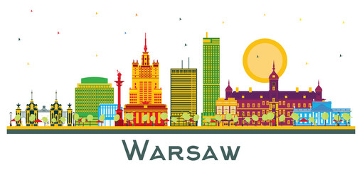 Fototapeta na wymiar Warsaw Poland City Skyline with Color Buildings Isolated on White.