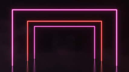 Futuristic Sci FI abstract neon light shapes on black background with empty space for text. 3d rendering