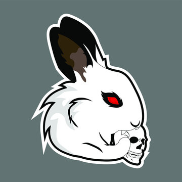 Evil rabbit bite the skull head is a high-resolution logo mascot. Design of  a rabbit looks evil makes this logo very attractive. This logo is more  suitable to be applied to the