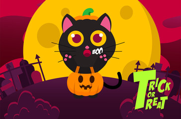 Happy Halloween Trick or Treat Background with Cute Black cat wearing pumpkin clothes on a full moon night