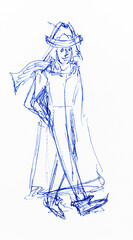 sketch of girl in demi-season clothing hand-drawn by blue ballpen on white paper