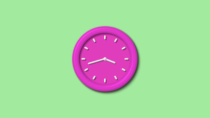 New pink color 3d wall clock isolated on green light background,12 hours wall clock