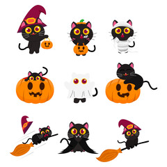 Set of Cute Black Cat Wearing Costume Mummy,Ghost,Vampire and jack-o-lantern. Riding Broomstick. Hide in the jack-o-lantern, Carrying jack-o-lantern, sit on jack-o-lantern vector Illustration