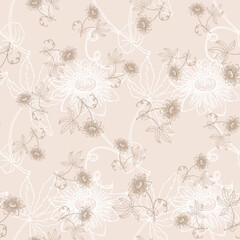 Seamless pattern with outline tropical Passiflora