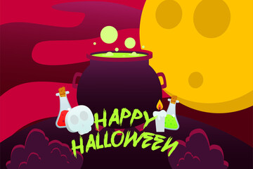 Happy Halloween Background with black witches cauldron with green potion, Red and Green Potion Bottle, candle and Skull on a full moon night