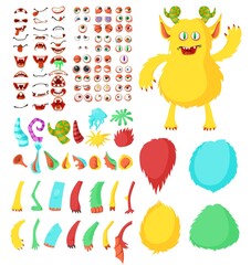 Cute monster cartoon character constructor kit, flat vector isolated illustration. Funny animal and creature body parts. Alien eyes, ears, horns, mouths, teeth, legs, hands, tails for monster creation © Siberian Art