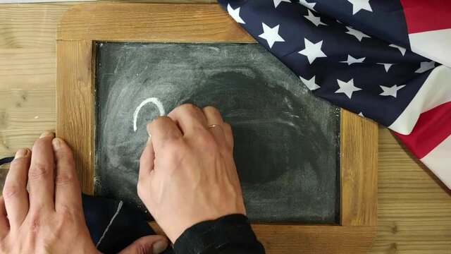 A man's hand writes in chalk 2021 on chalk plate in wooden frame next to flag of United States of America and medical mask