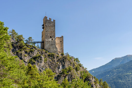 The ruins of Schrofenstein Castle (also called "Schroffenstein"), on a rock spur, Landeck, Austria