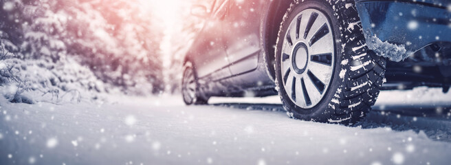 The car stopped on the roadside under the bright cold sun