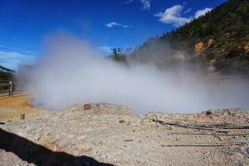 Photography of the Sikidang crater with the background of sulfur vapor coming out of the sulfur swamp, Tour from Wonosobo.