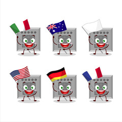 Among us button task cartoon character bring the flags of various countries