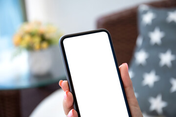 female hand holding phone with isolated screen in room house