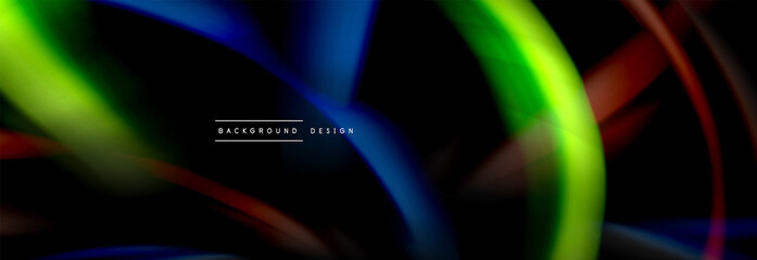 Dynamic motion abstract background. Color blurred stripes on black. Wave liquid lines poster. Vector illustration
