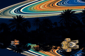 reflection of silhouette dry tree and car in the field and Saturn ring on night sky