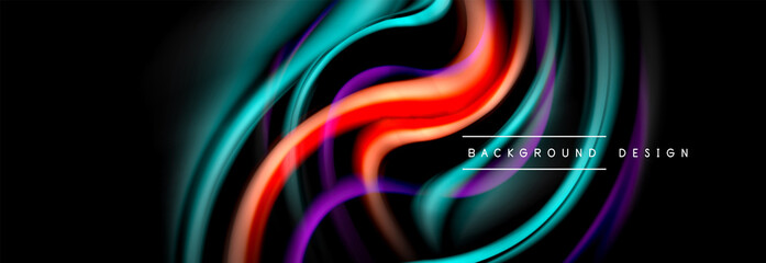 Dynamic motion abstract background. Color blurred stripes on black. Wave liquid lines poster. Vector illustration