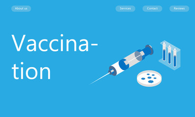 vaccination, development of a vaccine against coroavirus, syringe and flasks. Isometric medicine