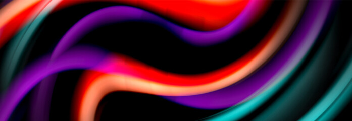 Dynamic motion abstract background. Color blurred stripes on black. Wave liquid lines poster. Vector illustration