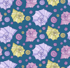 Cute seamless pattern with hand drawn shells. Ocean background. Vector