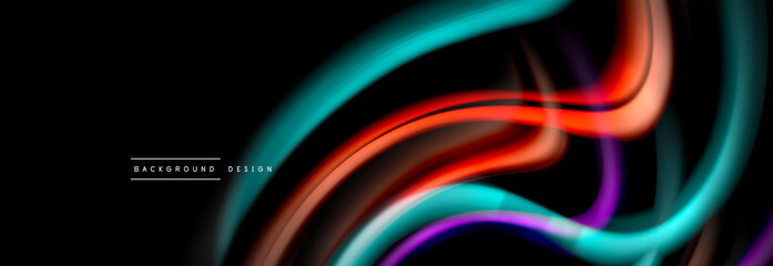 Dynamic motion abstract background. Color blurred stripes on black. Wave liquid lines poster. Vector illustration