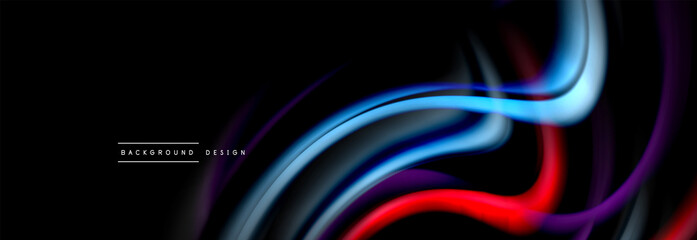 Dynamic motion abstract background. Color blurred stripes on black. Wave liquid lines poster. Vector illustration