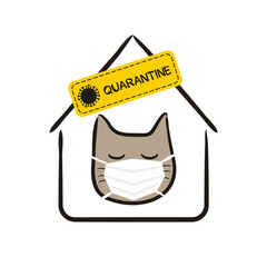 A hand-drawn sick cat wearing a protective mask in a quarantine house. Infected sneezing cute pet. Vector children's illustration on the subject of symptoms, quarantine, medicine, safety and health.