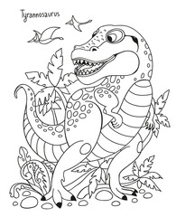 Black and white vector illustration for kids coloring book. Dinosaur Tyrannosaurus in the Jungle