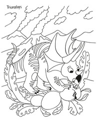 Black and white vector illustration for kids coloring book. Dinosaur Triceratops looks at the egg.