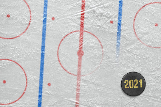 Puck and a fragment of the hockey arena with markings