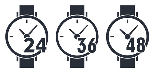 24, 36 and 48 hours. Set of vector icons isolated on white background.