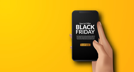 hand holding phone app for promotion black friday event of online shopping