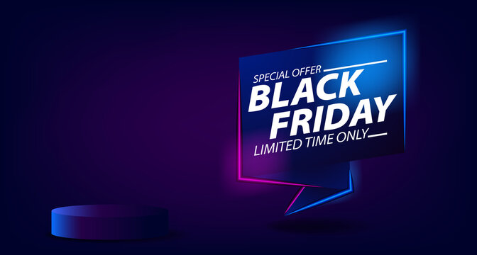 Black friday sale offer template with glowing neon lamp for night and trendy