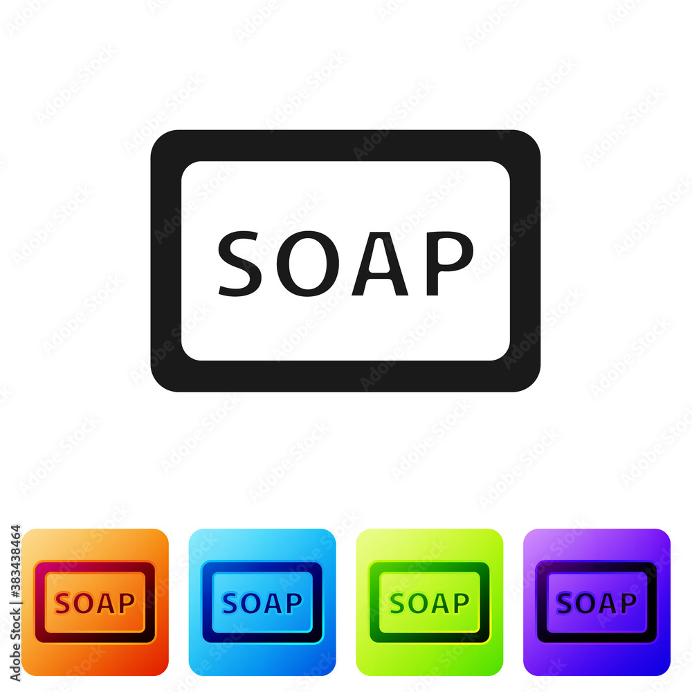 Aufkleber black bar of soap with foam icon isolated on white background. soap bar with bubbles. set icons in c