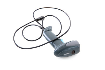 Looking down a blue scanner on white background