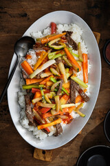 Rice with beef and vegetables, carrots, leeks, zucchini. Lunch or Dinner.