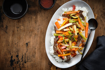 Rice with beef and vegetables, carrots, leeks, zucchini. Lunch or Dinner.