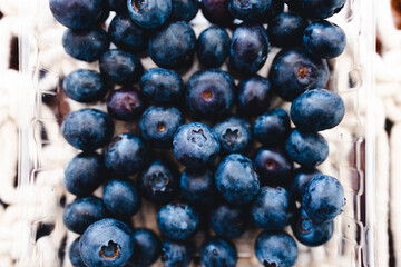 simple food ingredients, close-up of fresh blueberries in box