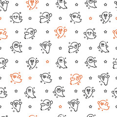 Halloween seamless pattern - scary little ghost or dead soul on white background, outline funny ghosts faces, traditional halloween symbol, textile or scrapbook digital paper - vector