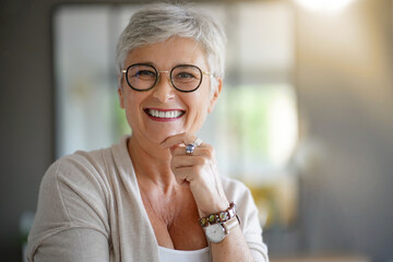 portrait of a beautiful smiling 55 year old woman with white hair