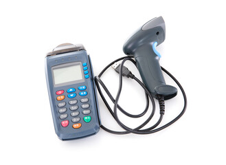 Collection tool POS machine and code scanner on white background