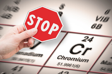 Stop heavy metals - Concept image with hand holding a stop sign against a chromium chemical element...