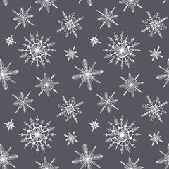 Cozy cute square seamless snowflake pattern for new year on gray background. Doodle digital art outline. Print for wrapping paper, scrapbooking, wallpaper, web decor, postcard, textiles, fabric