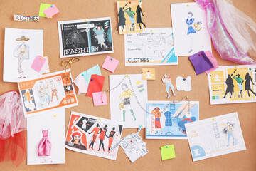 Fototapeta na wymiar Board with pictures in studio of fashion designer