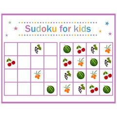 Sudoku puzzle game with fruits and berries for children's development, color vector illustration in flat style, education, entertainment, design, decoration
