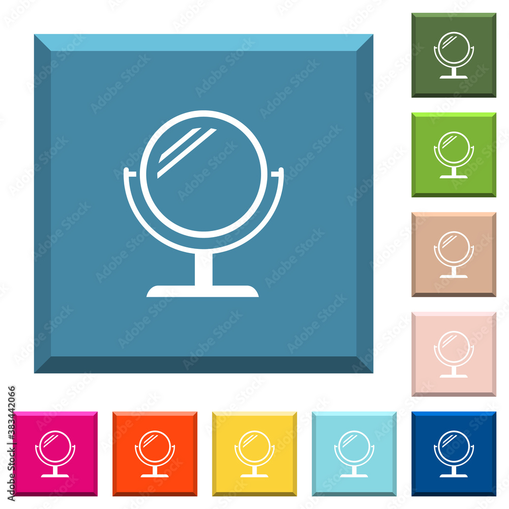 Poster desk mirror with reflection white icons on edged square buttons